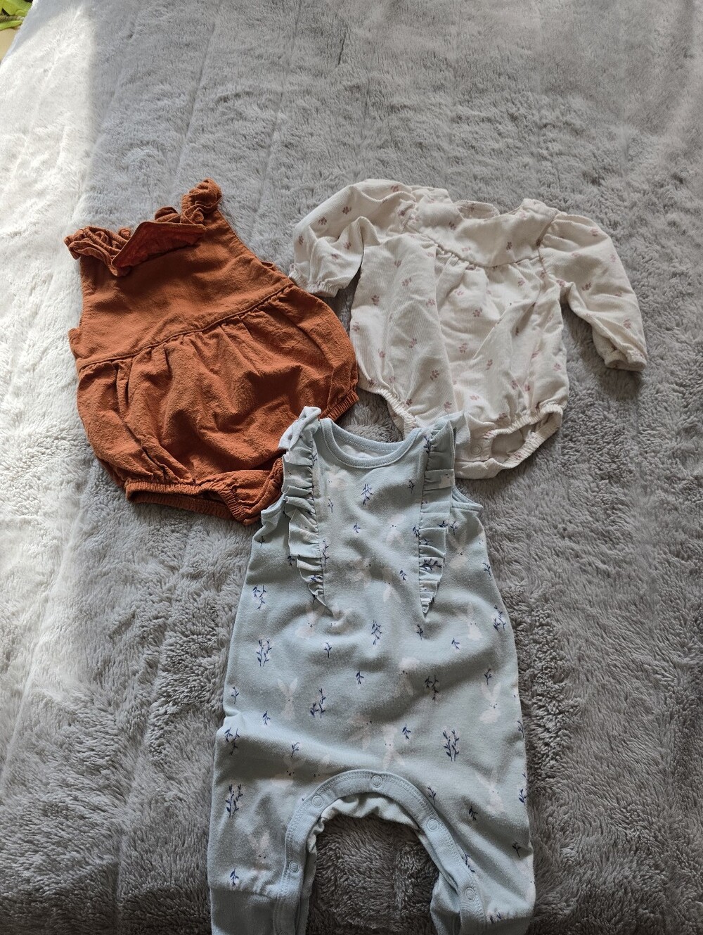 3 Baby Rompers - Rust Orange, Cream, Light Blue